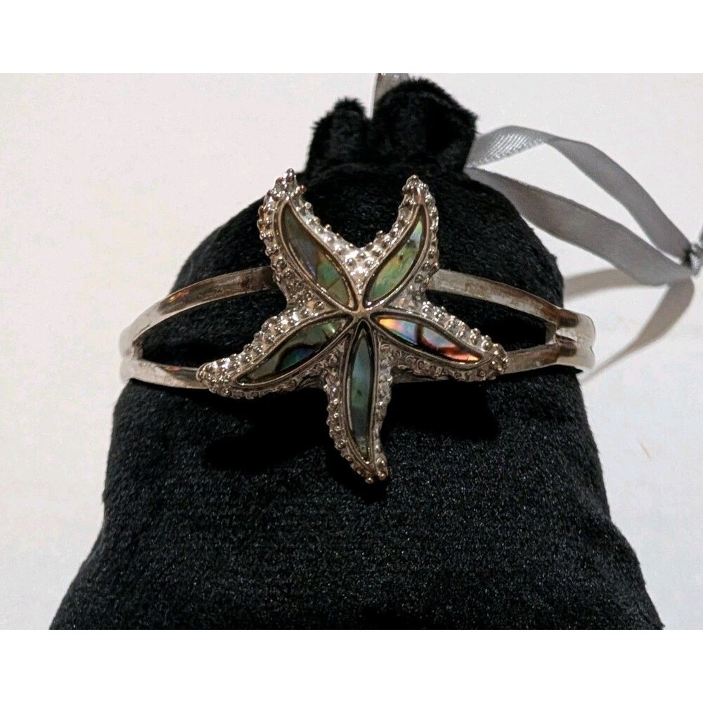 Vintage Abalone Shell Starfish Bangle Bracelet Silver Tone Cuff Coastal